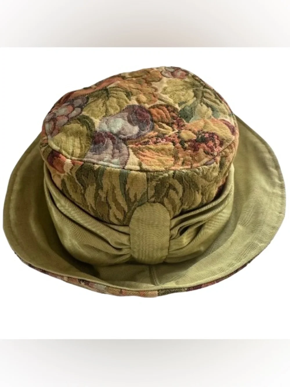 Vintage Ruth 1994 Floral Fruits Tapestry Hat Green Tea Party NY NOLA - Picture 1 of 15